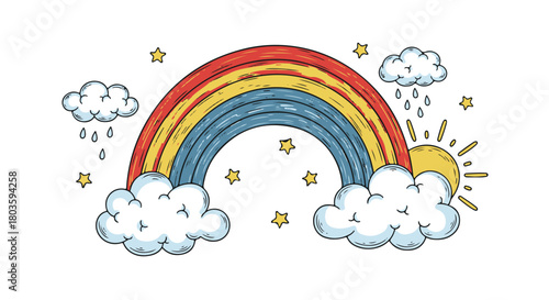 Vibrant Hand Drawn Rainbow Arc Over Whimsical Clouds, Sparkling Stars, and Sunshine