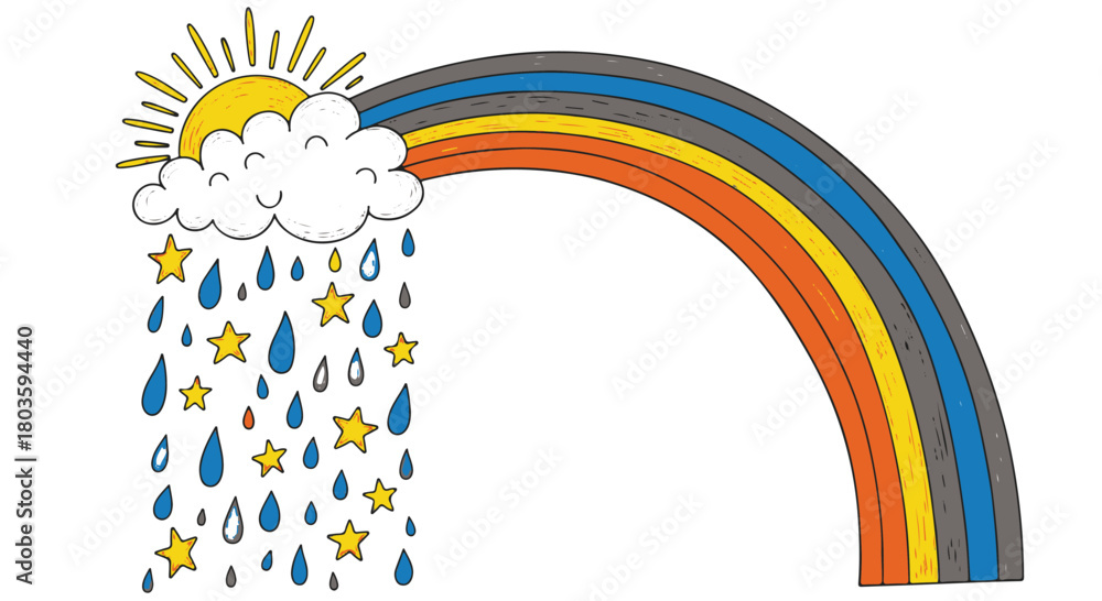 Naklejka premium Charming Hand Drawn Sun and Rain Cloud with Falling Stars and a Vivid Rainbow