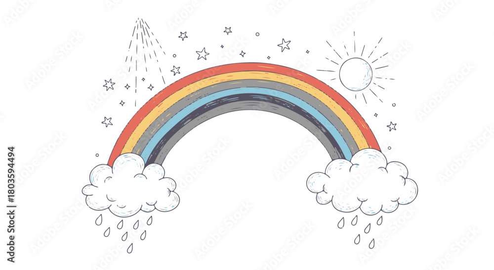 Fototapeta premium Vibrant Hand Drawn Rainbow Arc with Clouds, Sun, and Stars Artistic Concept