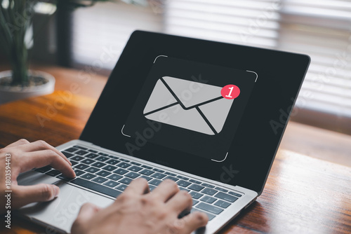 Newsletter notification and open mail from the laptop. concept of correspondence, and news for campaign marketing. icon email, business communication, send information in a digital