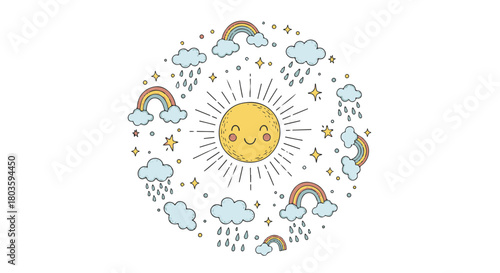 Delightful Hand Drawn Whimsical Weather Scene with Smiling Sun and Colorful Rainbows