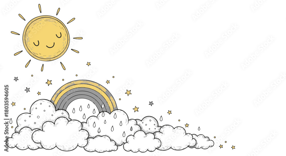 Fototapeta premium Charming Hand Drawn Sketch of Sunny Day with Rainy Clouds and Arcing Rainbow
