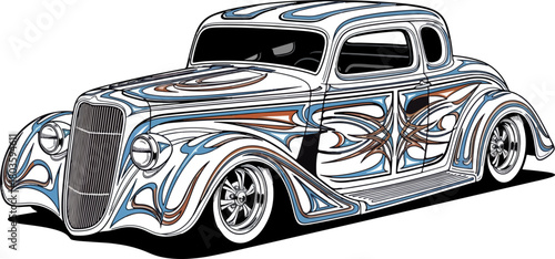 Classic car illustration with detailed ornamentation and chrome accents