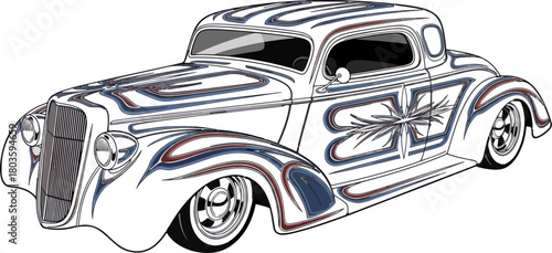 Classic car illustration with detailed ornamentation and custom design