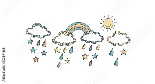 Whimsical Hand Drawn Weather Elements Set with Rainbow, Rainy Clouds, and Stars