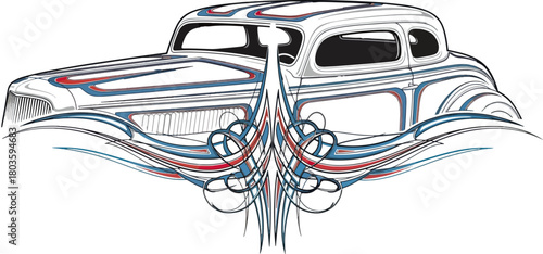 Classic car illustration with detailed ornamentation and custom design elements