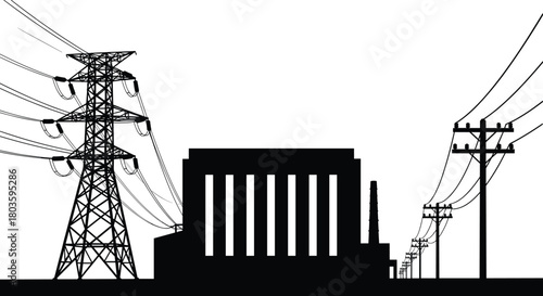 Industrial silhouette vector, power plant, factory, transmission pylon, utility poles in perspective, black and white energy distribution, electricity infrastructure illustration.