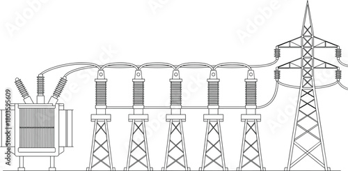 High voltage electrical substation diagram showing transformer, insulators and transmission tower for power distribution systems