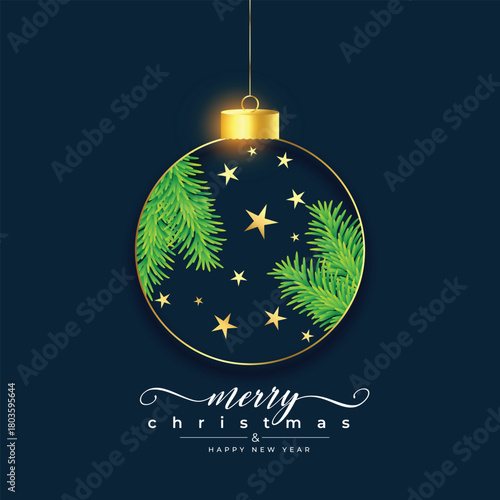  Christmas greeting card  with  gold Christmas ball with shiny effect on Prussian blue background