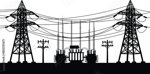 Power substation silhouette, electrical grid vector, high voltage transmission towers, industrial transformer and pylons, black and white energy infrastructure illustration.