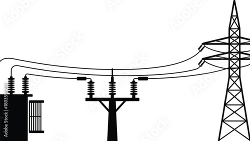 High voltage power transformer connected to transmission tower illustrating modern electrical distribution system, industrial utility infrastructure, and reliable energy grid components
