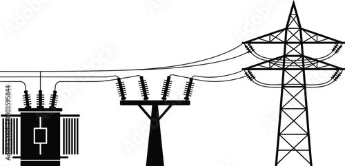 High voltage power transformer and transmission tower system illustrating modern electrical energy distribution infrastructure, grid safety components, and utility reliability