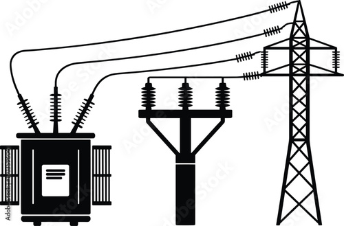 High voltage transformer connected to electrical transmission tower illustrating modern power distribution grid and utility infrastructure system