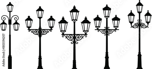 Set of vintage street lamp silhouettes, classic ornate lamppost vector collection, black and white street light elements, isolated urban city park lamp illustrations.
