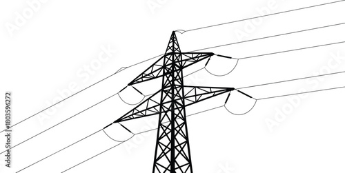 High voltage transmission tower with multiple power lines and insulators in detailed silhouette vector illustration