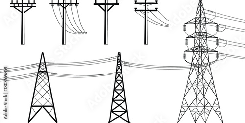 High voltage transmission towers and utility poles carrying overhead electric power lines in detailed engineering illustration