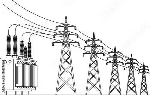 High voltage transmission towers with electrical transformer and power lines in detailed black and white illustration