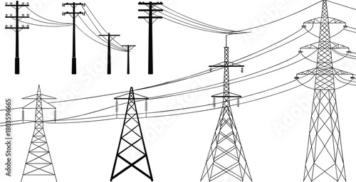 High voltage transmission towers and wooden utility poles carrying overhead electrical power lines in detailed engineering illustration