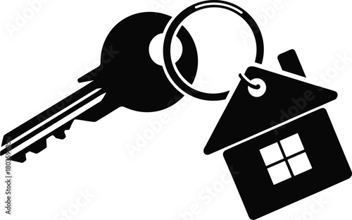 House key silhouette with home keychain symbolizing real estate ownership, security, property access and residential concept