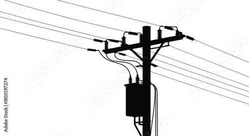 Silhouette of electrical transformer pole with multiple power lines showing utility energy distribution and urban infrastructure network