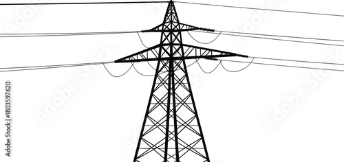 Silhouette of high voltage electricity transmission tower with multiple power lines for energy distribution infrastructure
