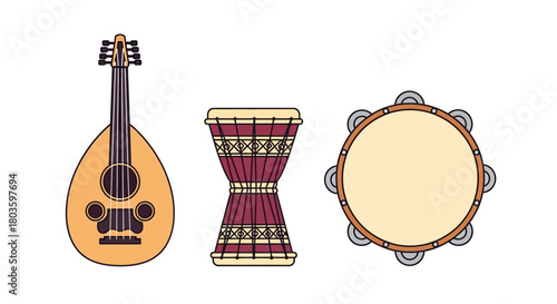 Diverse Traditional Musical Instruments Vector Illustration Set with Oud, Djembe, and Tambourine Flat Design
