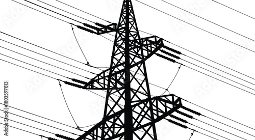 Silhouette of high voltage transmission tower with multiple power lines and insulators crossing against bright white background