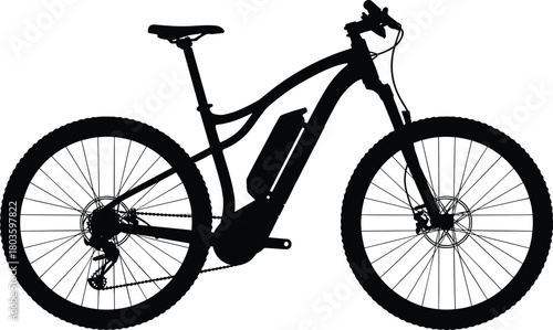 Silhouette of modern electric mountain bike with large wheels, front suspension, powerful motor and battery support, isolated