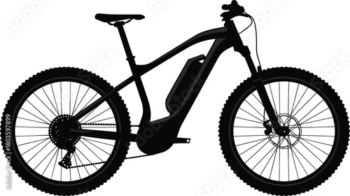 Silhouette of modern electric mountain bike with suspension fork, battery pack, thick tires, isolated on white background