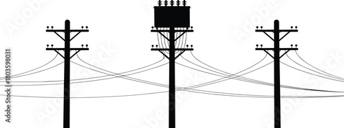Silhouette of multiple utility poles with electrical transformer and power lines showing energy distribution infrastructure network