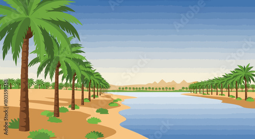 Palm Trees along the River in a Desert Oasis Landscape Vector