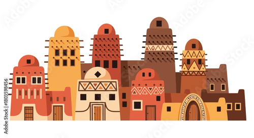 Colorful Mud Brick Village with Geometric Patterns Illustration