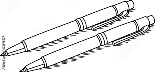 Two ballpoint pens illustration showing detailed sketch design for stationery, office writing tools and educational supplies