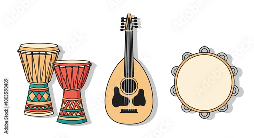 Collection of musical instruments including drums and a lute, presented on a white background