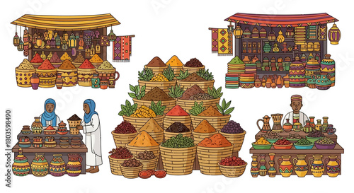 A vibrant collection of illustrated Arabian souk stalls, showcasing exotic spices, herbs, and local vendors for culinary concepts
