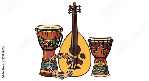 Traditional Musical Instruments Drums, Oud, and Tambourine Ensemble for Cultural Performances