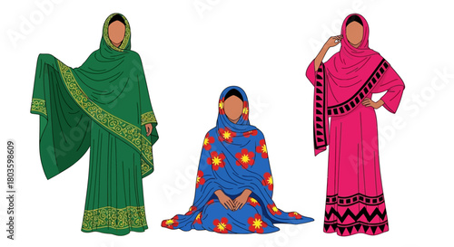 A diverse collection of illustrated women wearing vibrant, traditional cultural attire and headscarves