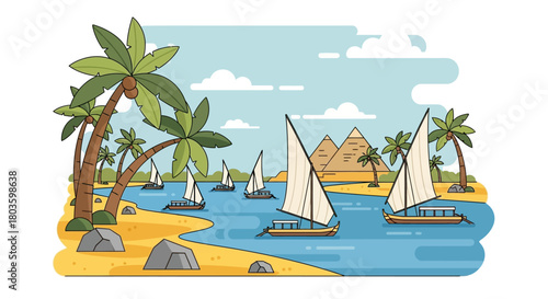 Coastal Scene with Palm Trees, Sailing Boats, Pyramids, and Scenic Egyptian Landscape View