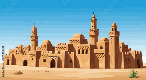 Traditional mud-brick desert town featuring ancient Middle Eastern architecture and prominent minarets under a vast, clear sky, evoking timeless cultural heritage