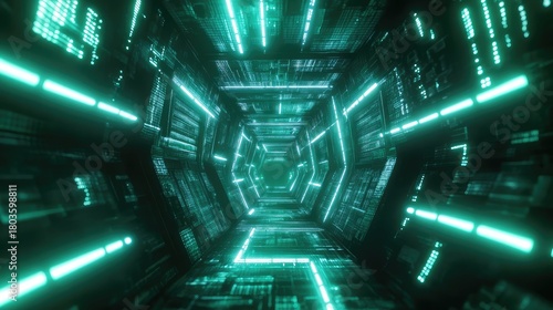 Fototapeta Naklejka Na Ścianę i Meble -  Futuristic digital tunnel with glowing neon lights