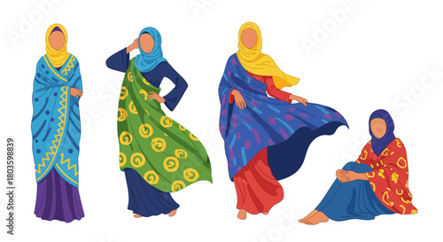 A collection of diverse Muslim women wearing traditional colorful hijabs and dresses. Flat vector character illustration set