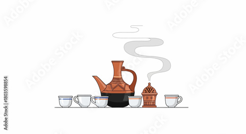 Authentic Ethiopian Coffee Ceremony Illustration Featuring Traditional Jebena Pot, Small Cups, and Aromatic Incense Burner for Cultural Rituals