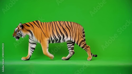 A majestic tiger walks purposefully across a vibrant green screen background, showcasing its powerful physique and striking markings