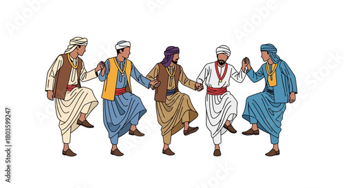 A vibrant vector illustration depicting five men in traditional ethnic clothing joyfully performing a cultural group folk dance