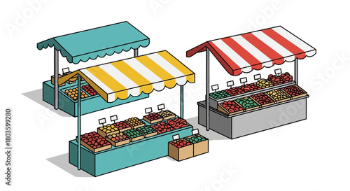 Illustration of three market stalls showcasing a variety of fresh produce with striped awnings