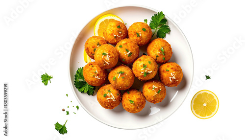 Arancini dish, top-down. Garnish, plate, isolated on black