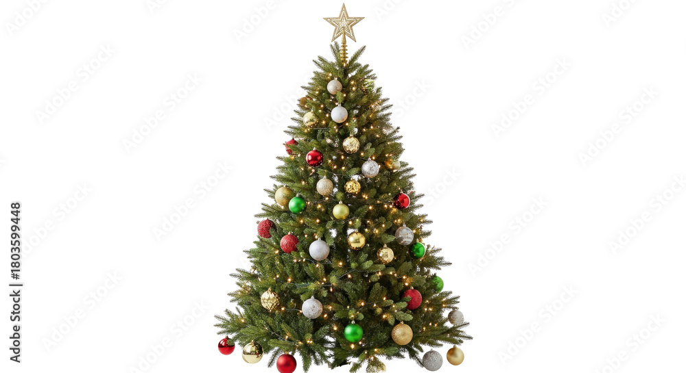 Naklejka premium Festive Christmas Tree Decorated Colorful Ornaments Golden Star on White Background