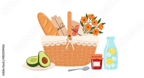 Cozy Picnic Basket with Healthy Food - Flat Vector Illustration