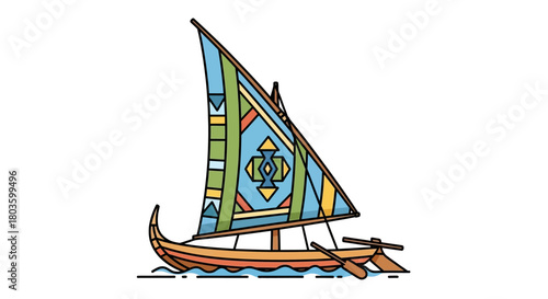 Vibrant traditional sailing boat illustration, featuring a uniquely patterned sail and oars on calm waters, perfect for travel concepts