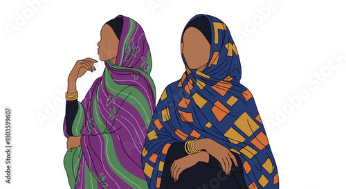 Diverse and vibrant illustrations of women wearing colorful headscarves, capturing cultural richness